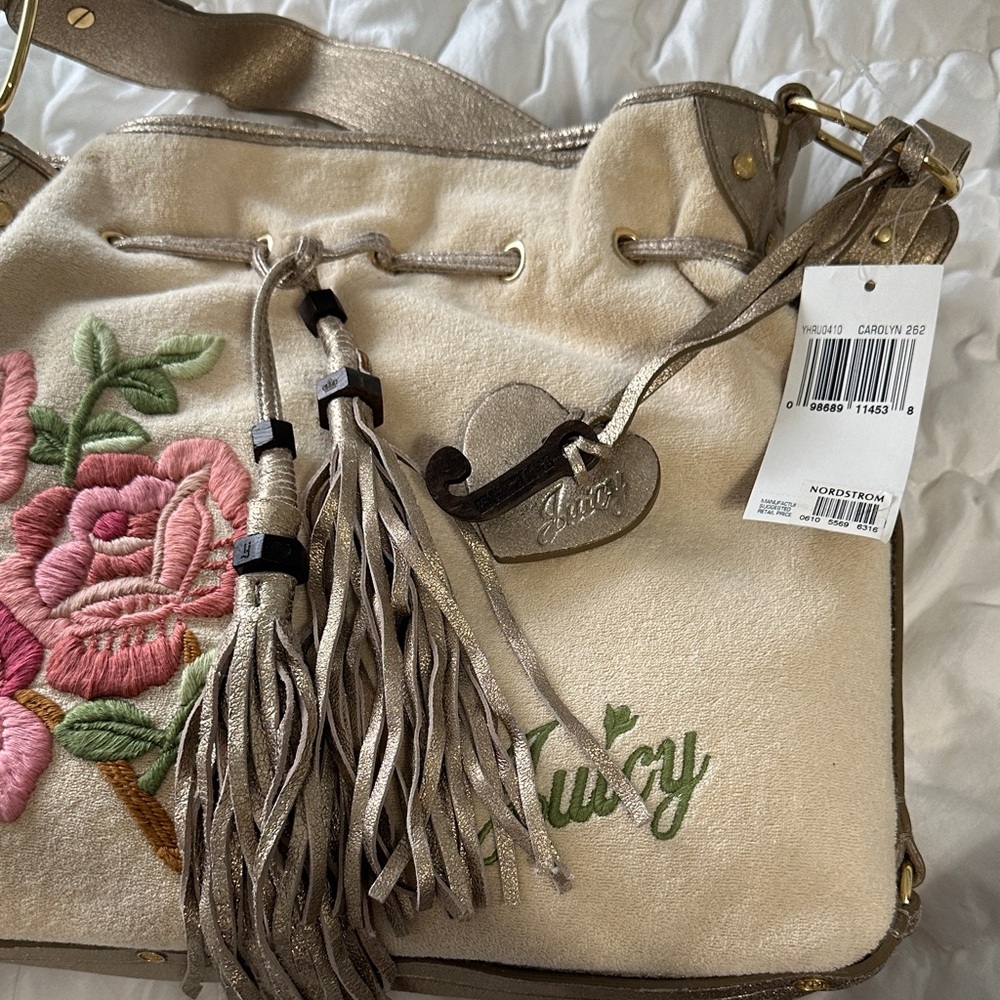 Juicy Couture Cream Shoulder Bag with Pink Floral Embroidery and Gold Trim